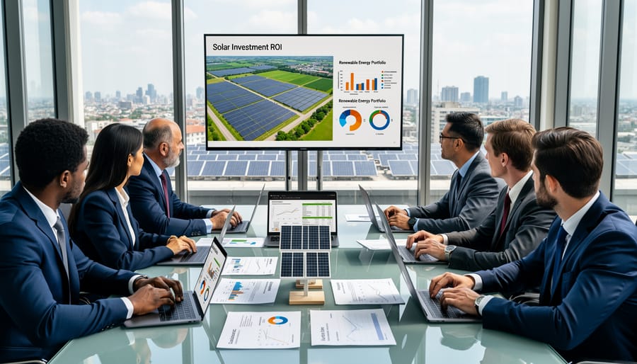 Business professionals reviewing solar panel installation on commercial rooftop