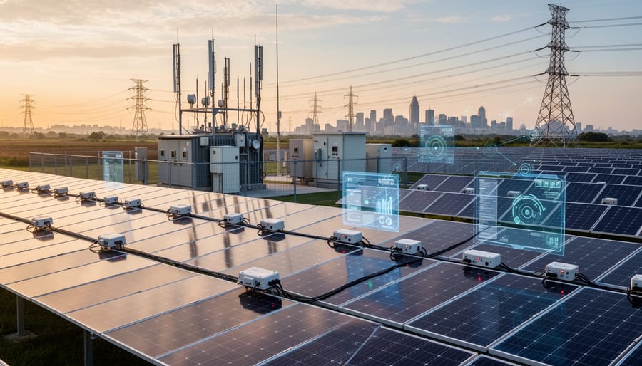Utility-scale solar farm connected to electrical grid infrastructure with transmission lines