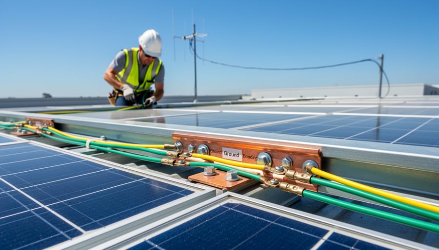 Close-up of grounding electrode and bonding conductors securing solar installation to earth ground