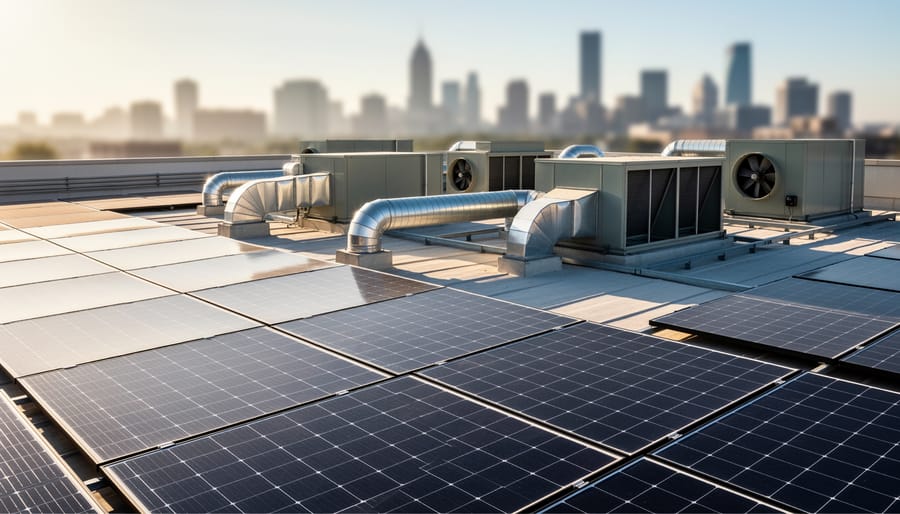 Commercial building rooftop with solar panel arrays and HVAC equipment installation