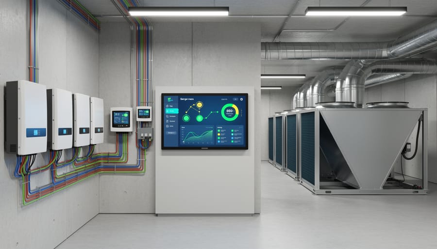 Solar inverter and HVAC control system components in electrical equipment room