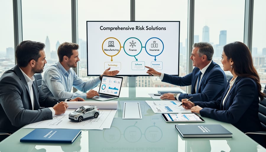 Business professionals collaborating on solar project risk assessment and insurance planning