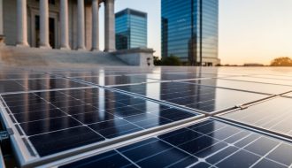 Utility-scale solar panels in golden hour light with an out-of-focus skyline featuring neoclassical bank columns and glass towers in the background.