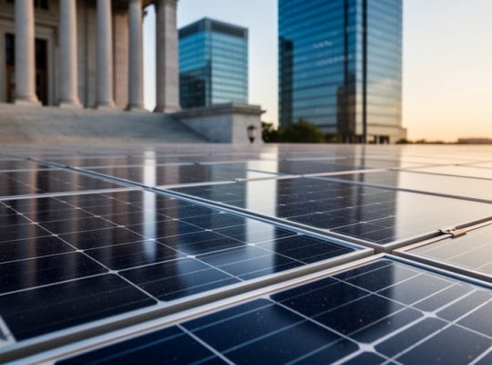 Utility-scale solar panels in golden hour light with an out-of-focus skyline featuring neoclassical bank columns and glass towers in the background.