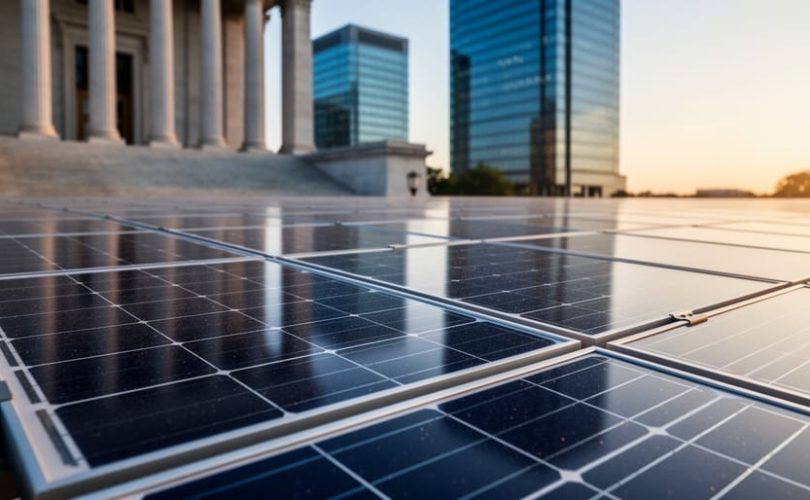 Utility-scale solar panels in golden hour light with an out-of-focus skyline featuring neoclassical bank columns and glass towers in the background.