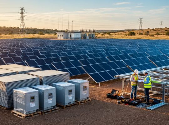 Wide view of a utility-scale solar farm with pallets of equipment and workers near partially built racking in the foreground and completed solar arrays and distant transmission towers in warm golden hour light.