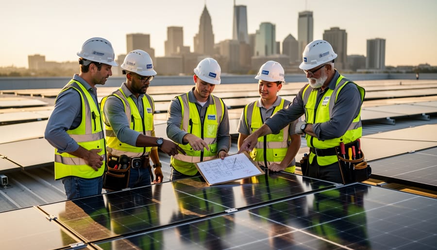 Senior solar technician mentoring younger colleague on rooftop solar panel installation