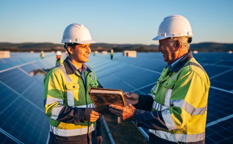 Senior engineer passing a rugged field notebook to a younger colleague beside rows of photovoltaic panels at golden hour, with distant technicians and inverter boxes softly blurred in the background.