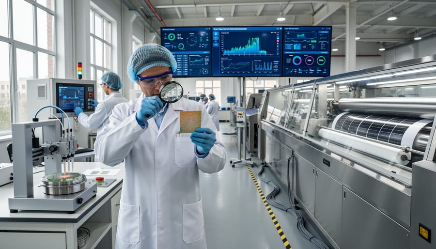 Interior of modern solar cell manufacturing facility showing automated production equipment
