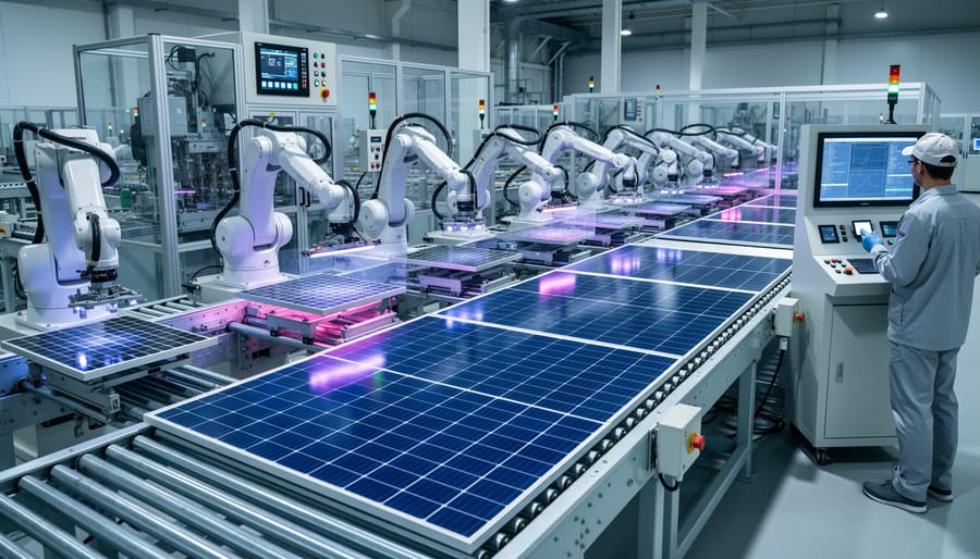 Automated solar panel manufacturing line with robotic equipment processing silicon wafers in clean room facility