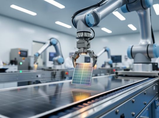 Robotic arm placing a shimmering perovskite–silicon tandem solar cell onto a conveyor in a cleanroom solar factory, 45-degree angle from above, crisp LED lighting, shallow depth of field with blurred automated equipment and technicians in the background.