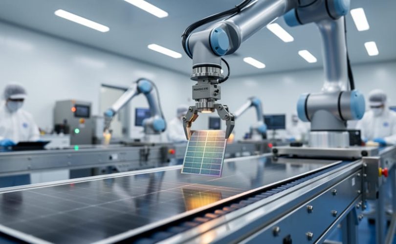 Robotic arm placing a shimmering perovskite–silicon tandem solar cell onto a conveyor in a cleanroom solar factory, 45-degree angle from above, crisp LED lighting, shallow depth of field with blurred automated equipment and technicians in the background.