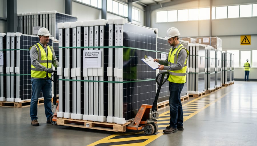 Warehouse worker inspecting stacked solar PV modules on pallets in distribution center