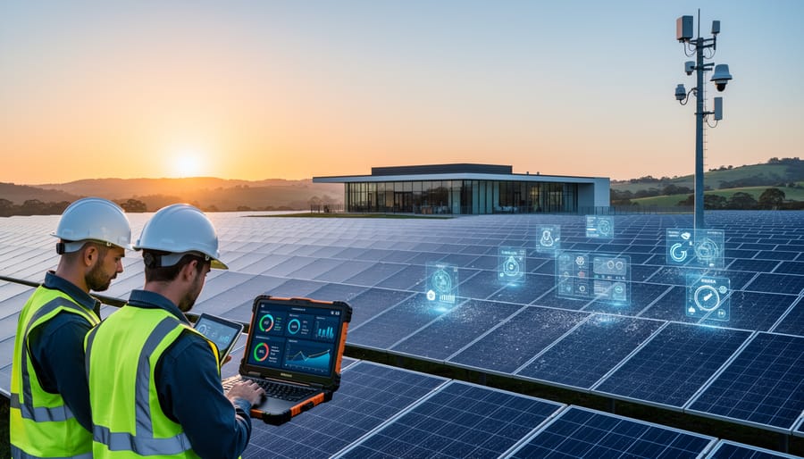 Solar technician using digital monitoring technology to assess photovoltaic system performance