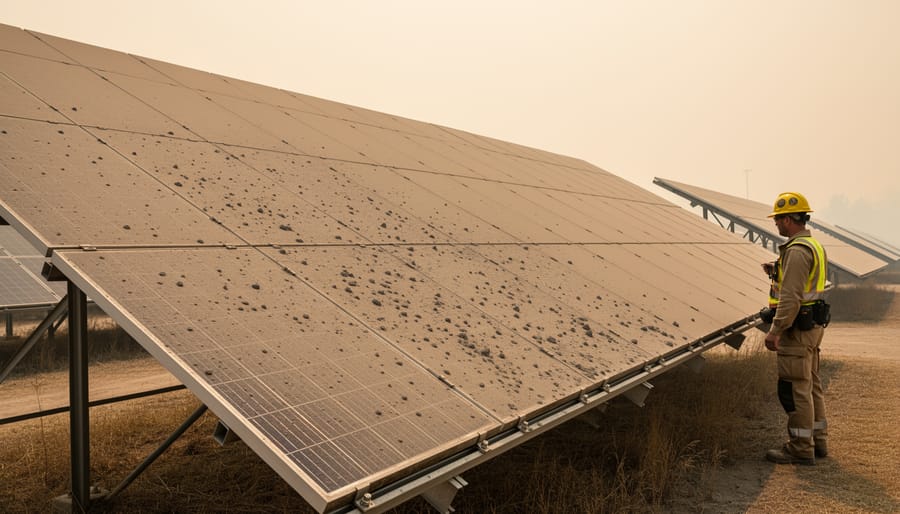 Close-up of solar panel surface covered in ash and smoke particulates