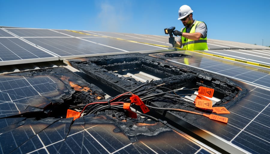 Close-up of fire-damaged solar panel showing charred surface and melted components