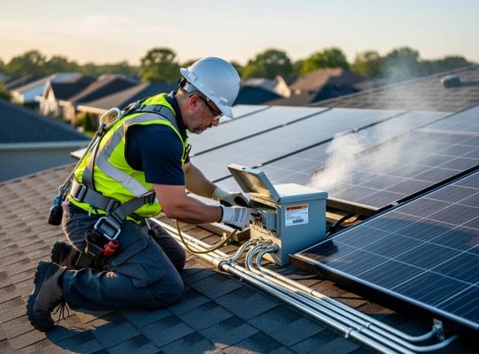 Technician in safety harness inspects a smoking solar panel and nearby safety enclosure on a residential rooftop, photographed at a slightly elevated angle in warm late-afternoon light with blurred neighborhood background.