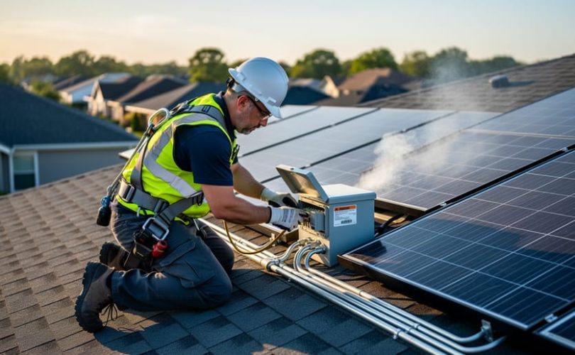 Technician in safety harness inspects a smoking solar panel and nearby safety enclosure on a residential rooftop, photographed at a slightly elevated angle in warm late-afternoon light with blurred neighborhood background.