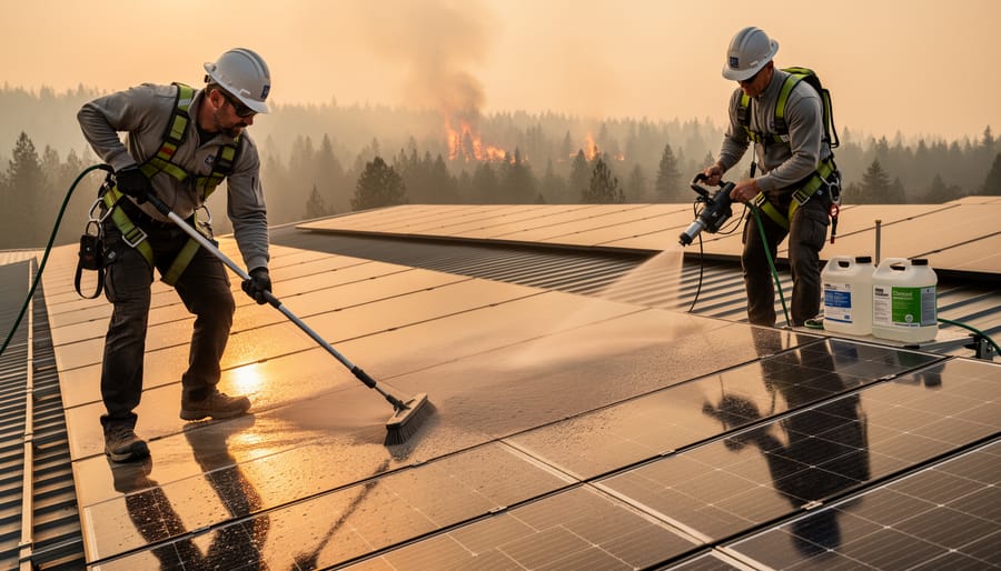 Solar technician performing specialized cleaning on panels after smoke exposure