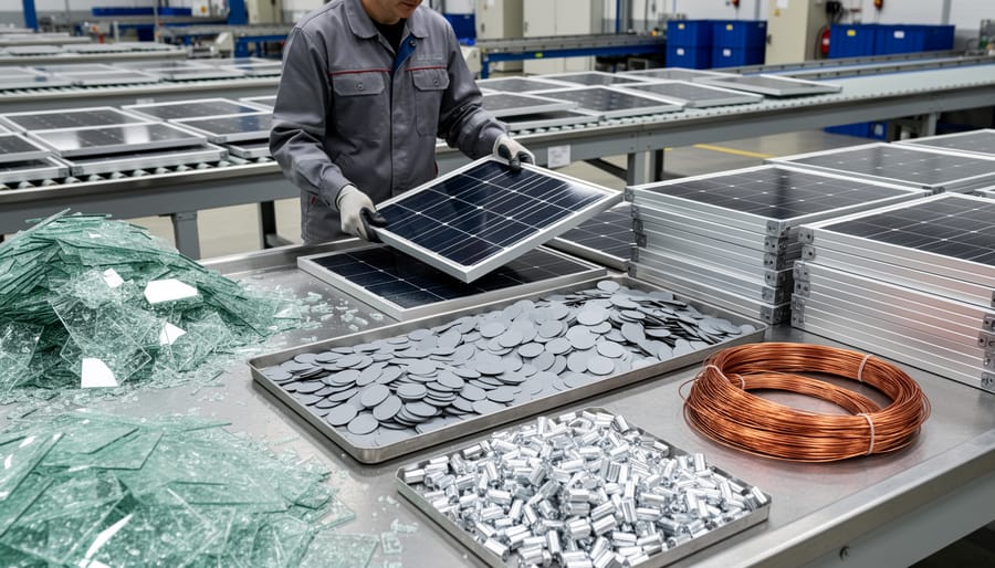Deconstructed solar panel showing separated components including glass, silicon cells, aluminum frame, and copper wiring