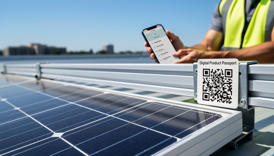 Solar panel with QR code label on frame providing digital product passport access