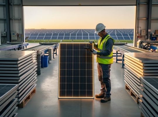 Stacks of retired solar panels with a technician inspecting a refurbished module, automated recycling equipment and a working solar farm visible in the background at golden hour.