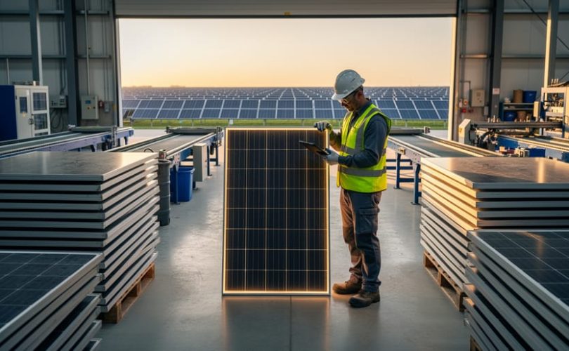 Stacks of retired solar panels with a technician inspecting a refurbished module, automated recycling equipment and a working solar farm visible in the background at golden hour.