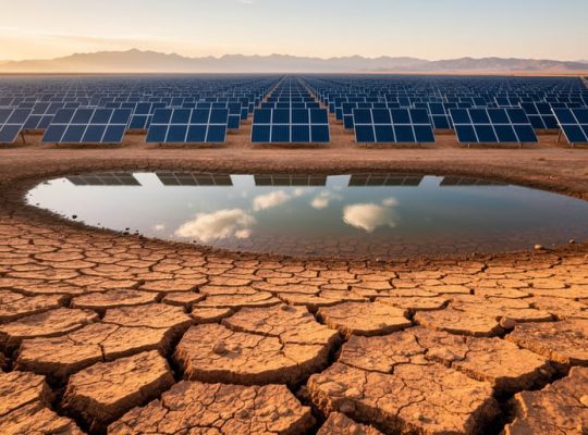 Low-angle wide photo of a desert solar farm with cracked dry ground in the foreground and a half-empty reservoir in the midground, lit by warm golden hour light.