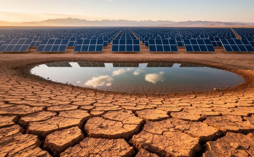 Low-angle wide photo of a desert solar farm with cracked dry ground in the foreground and a half-empty reservoir in the midground, lit by warm golden hour light.