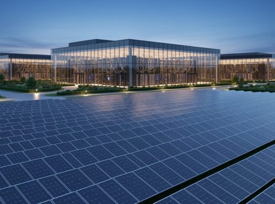 Rows of solar panels in the foreground leading to a glass-walled data center glowing warmly at twilight, under a cool blue sky, shot with deep focus.