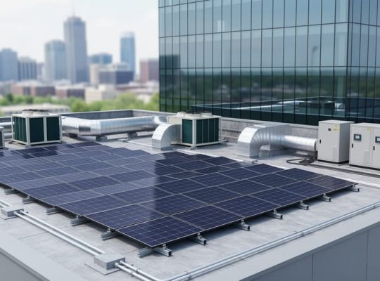 Commercial rooftop with rows of solar panels integrated alongside HVAC chillers, air-handling units, ductwork, and compact battery cabinets, under bright overcast light with a city skyline in the background.