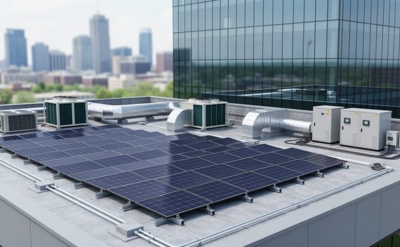 Commercial rooftop with rows of solar panels integrated alongside HVAC chillers, air-handling units, ductwork, and compact battery cabinets, under bright overcast light with a city skyline in the background.