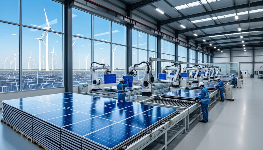 Solar panel array installed on manufacturing facility rooftop providing renewable energy for production operations