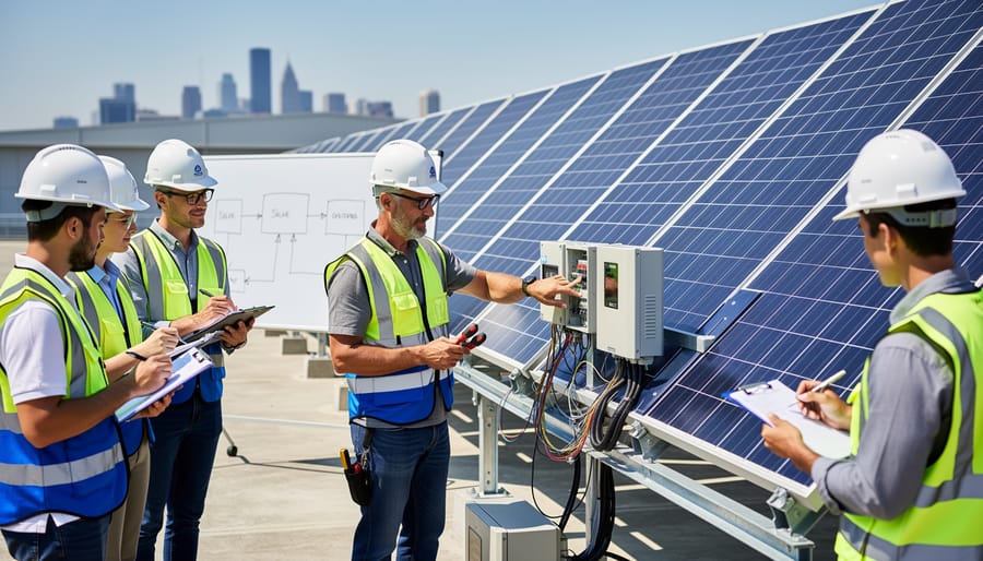 Students learning about solar panel technology in university training classroom