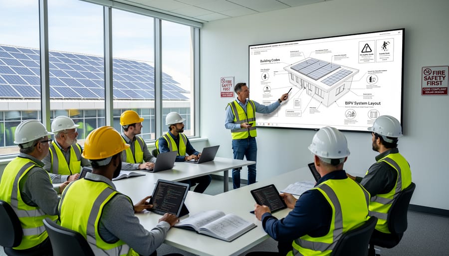 Team of solar installation professionals collaborating on commercial rooftop project