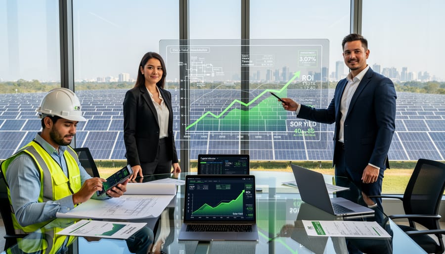 Team of young solar professionals collaborating on project planning with laptop and solar models