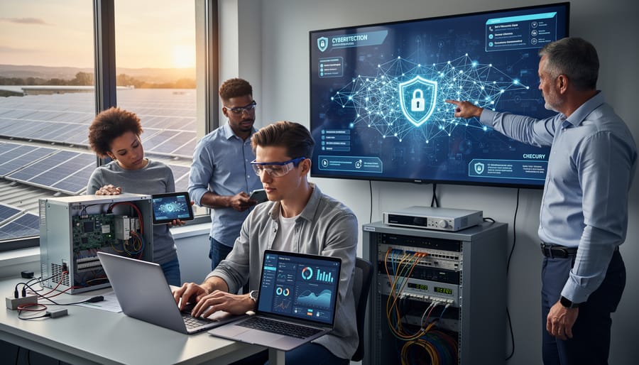 Solar professionals reviewing system monitoring and security protocols in modern facility