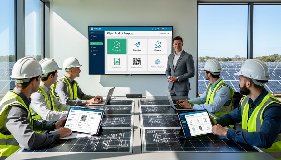 Students learning about solar panel technology and digital product passports in professional training classroom