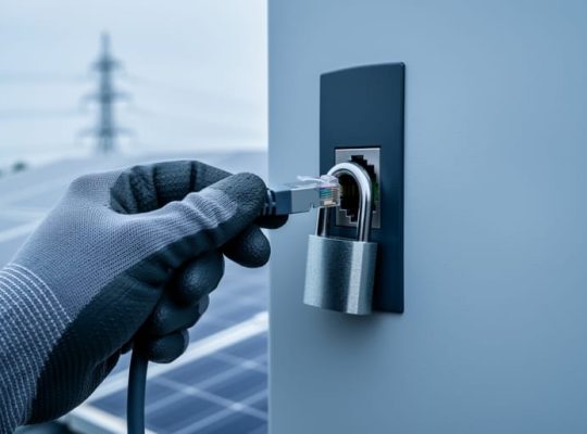 Gloved hand plugging an Ethernet cable into a wall-mounted smart solar inverter with a small padlock on the cable, with rooftop solar panels and distant power lines softly blurred in the background.