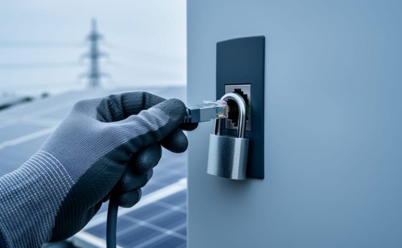 Gloved hand plugging an Ethernet cable into a wall-mounted smart solar inverter with a small padlock on the cable, with rooftop solar panels and distant power lines softly blurred in the background.