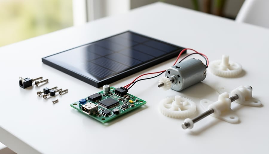 Detailed view of solar robot showing photovoltaic panel, circuit board, and motor components