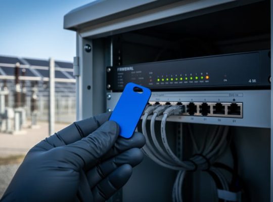 Gloved technician holding a blue security token near an open solar inverter cabinet with ethernet cables and a small firewall device, with solar panels blurred in the background.