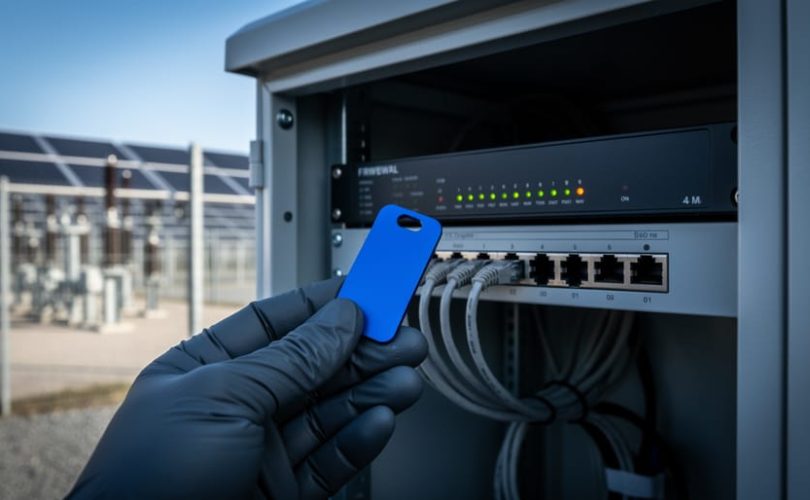 Gloved technician holding a blue security token near an open solar inverter cabinet with ethernet cables and a small firewall device, with solar panels blurred in the background.
