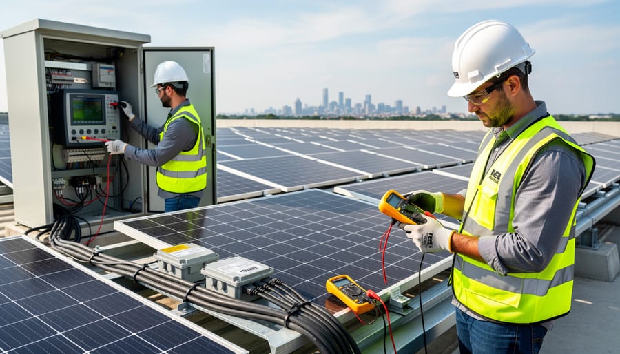 Solar technician performing electrical testing on inverter connections with digital multimeter