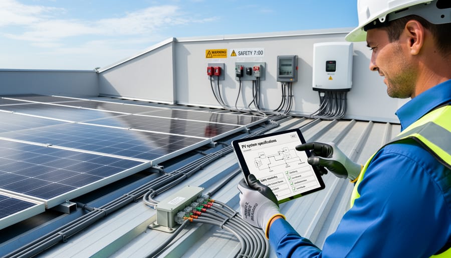 Close-up of solar panel electrical junction box showing technical components and connections
