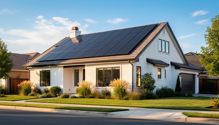 Residential roof completely covered with solar tiles that resemble traditional roofing shingles