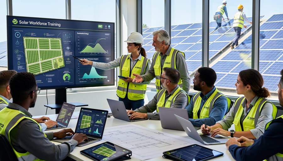 Multi-generational team of solar professionals collaborating on rooftop installation site