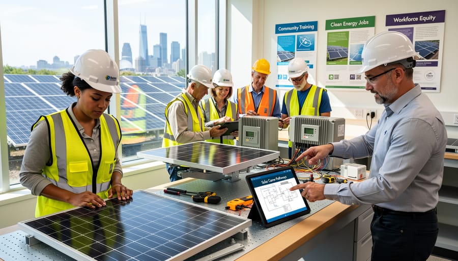Diverse solar installation apprentices working with instructor on residential rooftop