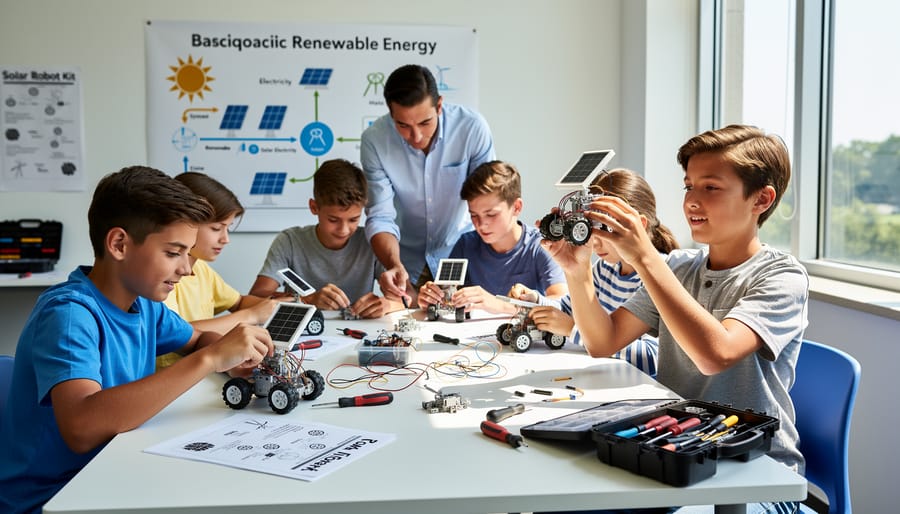 College students collaborating on solar robot assembly in classroom setting