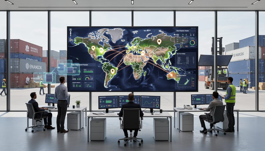 Supply chain management control room with tracking systems and monitoring displays